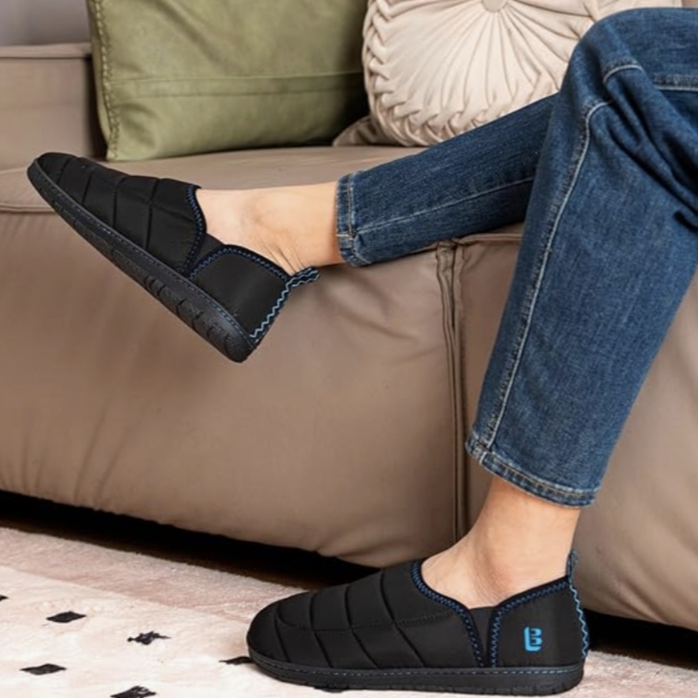 LongBay Mens Slippers- Black And Blue Memory Foam Slip On Shoes Loafers